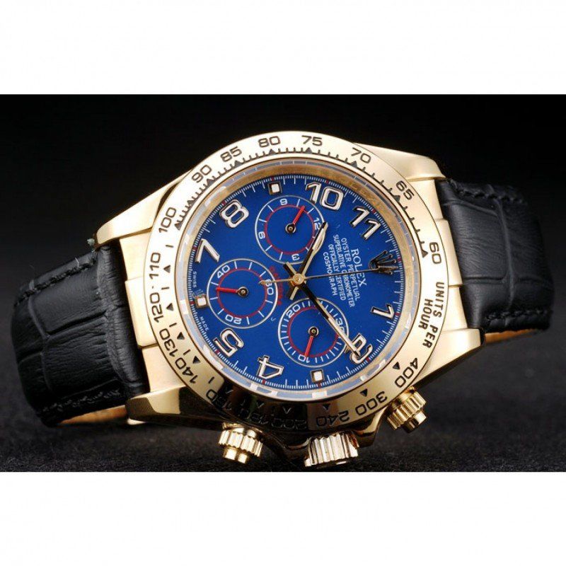 Super Clone Rolex Daytona Gold Case Blue Dial Black Leather Strap - Imagen 4