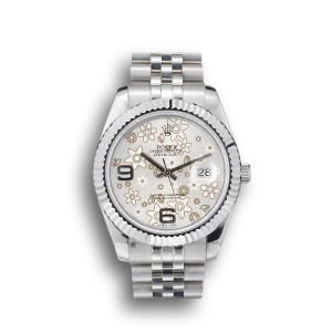 Rolex DateJust Stainless Steel Ribbed Bezel Flower Silver Dial 41983