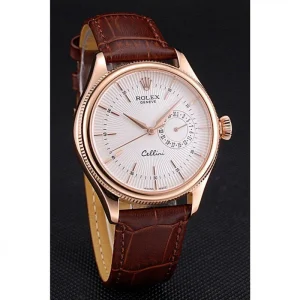 Rolex Cellini White Rose Dial Gold Case Brown Leather Bracelet 622725 - Image 3