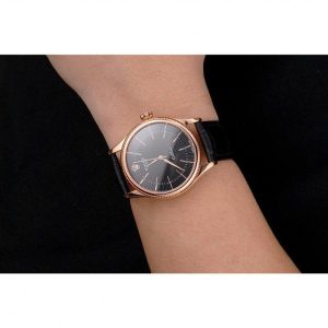Super Clone Rolex Cellini Black Dial Rose Gold Markings Rose Gold Case Black Leather Strap - Image 10