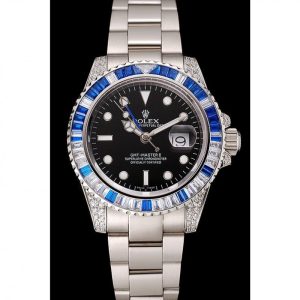 Alternative view of Super Clone Rolex GMT Master II Black Dial Stone Set Bezel Stainless Steel Case And Bracelet 1453747