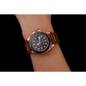 Rolex Yacht-Master Black Dial Rose Gold Case Brown Leather Bracelet 1453861 - Imagen 9