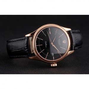 Super Clone Rolex Cellini Date Black Dial Rose Gold Markings Rose Gold Case Black Leather Strap - Imagen 4