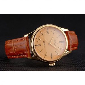 Super Clone Rolex Cellini Gold Dial Roman Numerals Gold Case Light Brown Leather Strap - Imagen 5