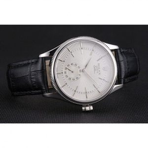 Super Clone Rolex Cellini White Dial Stainless Steel Case Black Leather Strap – Image 4