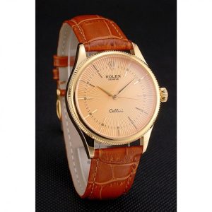 Super Clone Rolex Cellini Gold Dial And Markings Gold Case Light Brown Leather Strap - Imagen 3