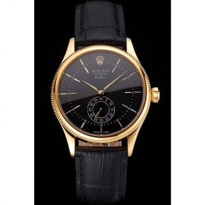 Alternative view of Super Clone Rolex Cellini Black Dial Gold Case Black Leather Strap