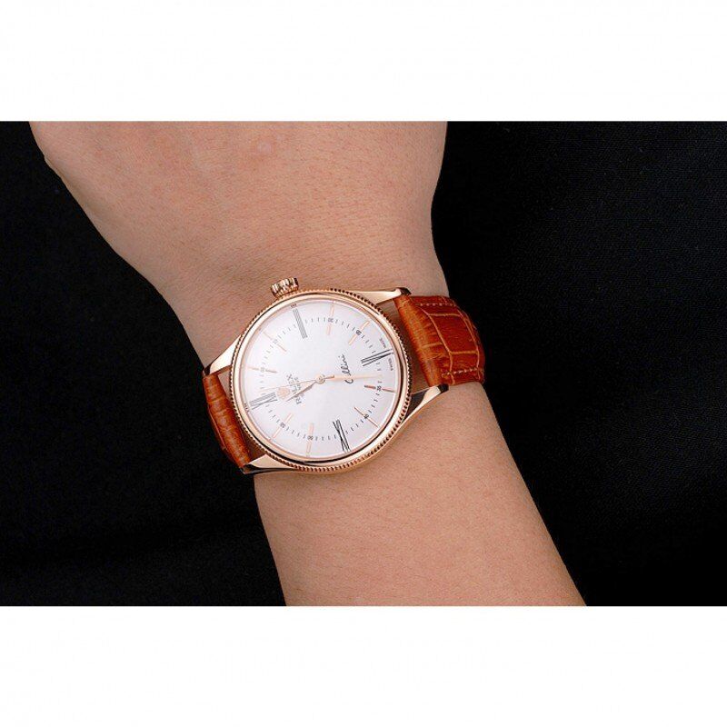 Super Clone Rolex Cellini White Dial Roman Numerals Rose Gold Case Light Brown Leather Strap - Imagen 10