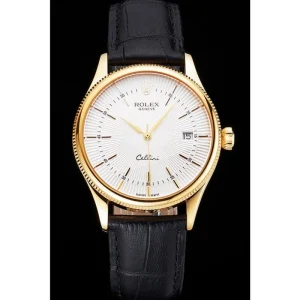 Alternative view of Super Clone Rolex Cellini Date White Dial Gold Case Black Leather Strap