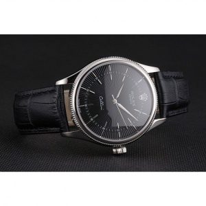Super Clone Rolex Cellini Black Dial Steel Case Black Leather Strap – Bild 4