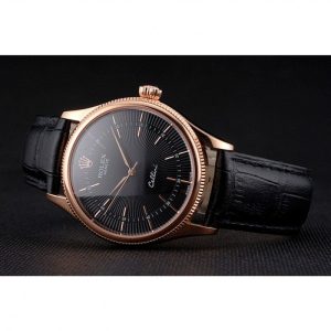 Super Clone Rolex Cellini Black Dial Rose Gold Markings Rose Gold Case Black Leather Strap - Image 5