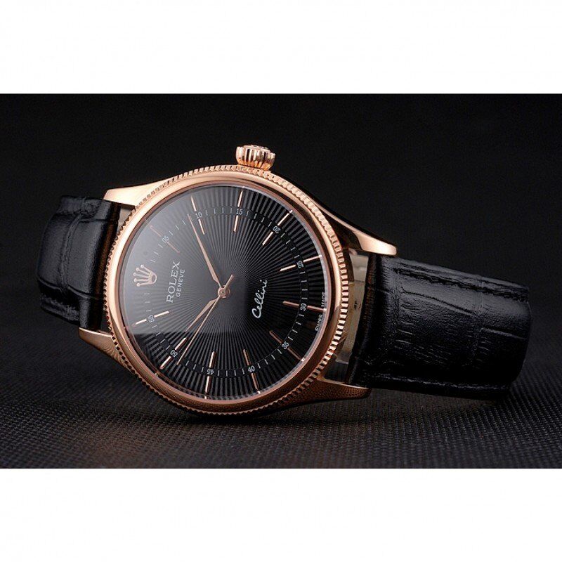 Super Clone Rolex Cellini Black Dial Rose Gold Markings Rose Gold Case Black Leather Strap - Image 5