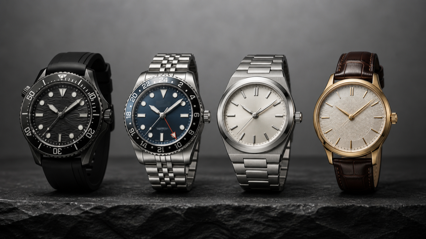 Four unbranded dive, GMT, steel everyday and gold dress watches as legitimate Rolex alternatives
