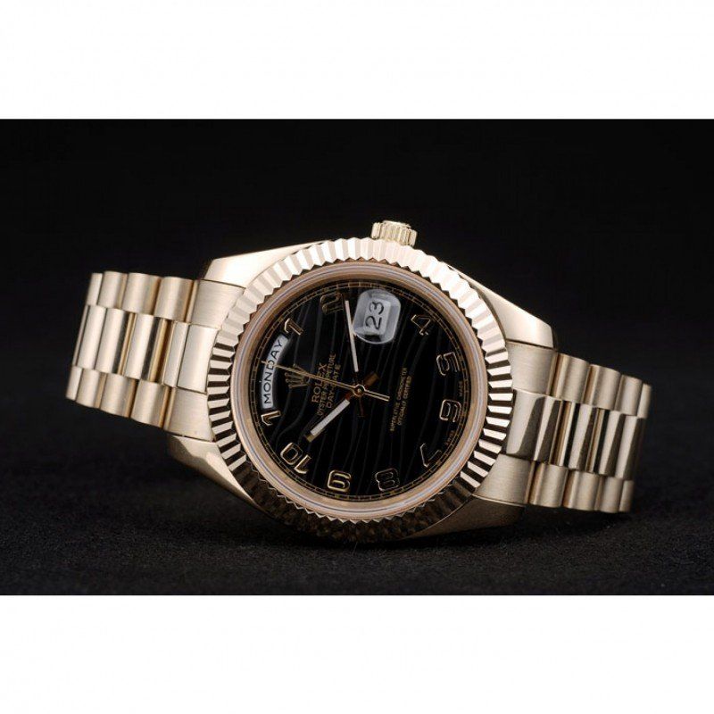 Super Clone Rolex Day-Date Gold Stainless Steel Ribbed Bezel Black Dial 41998 - Afbeelding 5