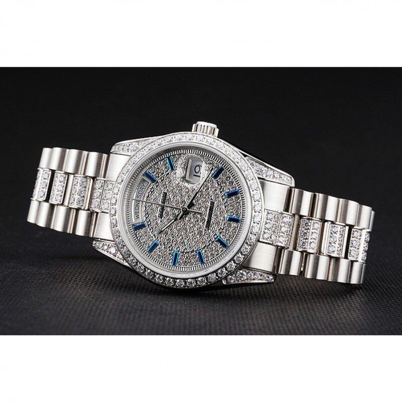 Super Clone Rolex Day-Date Diamond Pave Dial And Bezel And Stainless Steel Bracelet - Image 4