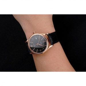 Super Clone Rolex Cellini Date Black Dial Rose Gold Markings Rose Gold Case Black Leather Strap - Imagen 10