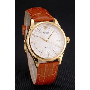 Super Clone Rolex Cellini White Guilloche Dial Gold Case Light Brown Leather Strap - Image 3
