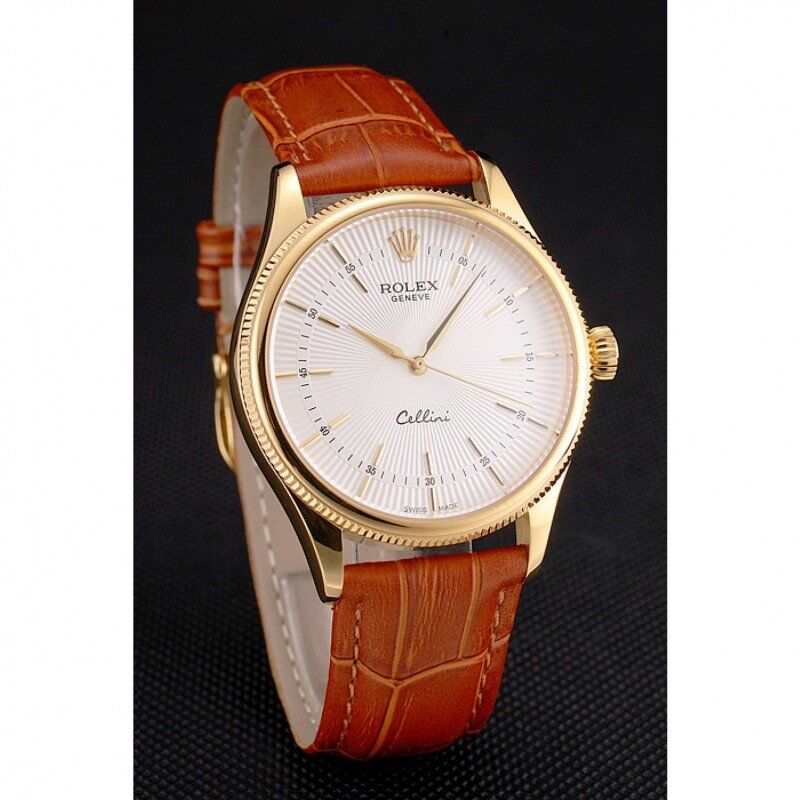 Super Clone Rolex Cellini White Guilloche Dial Gold Case Light Brown Leather Strap - Image 3