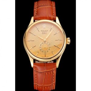 Super Clone Rolex Cellini Gold Dial Gold Case Light Brown Leather Strap - Image 2