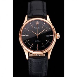 Alternative view of Super Clone Rolex Cellini Date Black Dial Rose Gold Markings Rose Gold Case Black Leather Strap