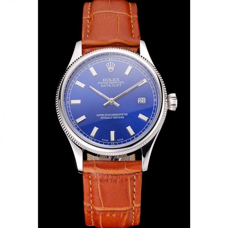 Super Clone Rolex Datejust Blue Dial Stainless Steel Case Light Brown Leather Strap - Image 2
