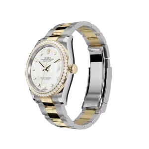 Alternative view of Rolex Datejust: 36 mm, Oystersteel and yellow gold, white mother-of-pearl, diamond-set dial, Oyster bracelet, m126283rbr-0010