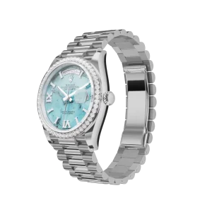 Vista alternativa de Super Clone Rolex Day-Date: 36 mm, Turquoise, Diamond-set dial, Diamond-set bezel and a President bracelet, m128349rbr-0031