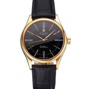 Super Clone Rolex Cellini Black Dial Roman Numerals Gold Case Black Leather Strap - Image 11