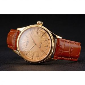 Super Clone Rolex Cellini Gold Dial And Markings Gold Case Light Brown Leather Strap - Imagen 5