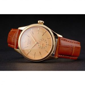 Super Clone Rolex Cellini Gold Dial Gold Case Light Brown Leather Strap - Image 5