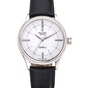 Super Clone Rolex Cellini Time Silver Case White Dial Black Leather Bracelet 622653 – Image 11