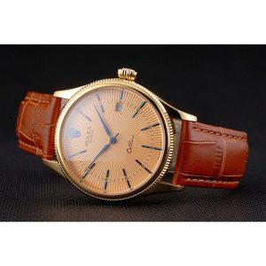 Super Clone Rolex Cellini Date Gold Guilloche Dial Gold Case Light Brown Leather Strap - Imagen 5
