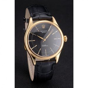 Super Clone Rolex Cellini Black Dial Gold Markings Gold Case Black Leather Strap - Image 3