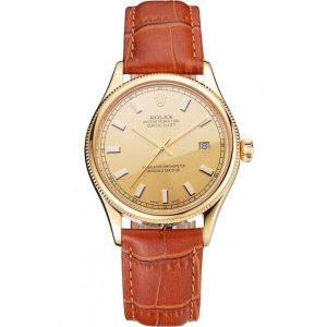 Super Clone Rolex Datejust Gold Dial Gold Case Light Brown Leather Strap - Image 11