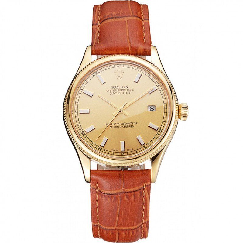 Super Clone Rolex Datejust Gold Dial Gold Case Light Brown Leather Strap - Image 11
