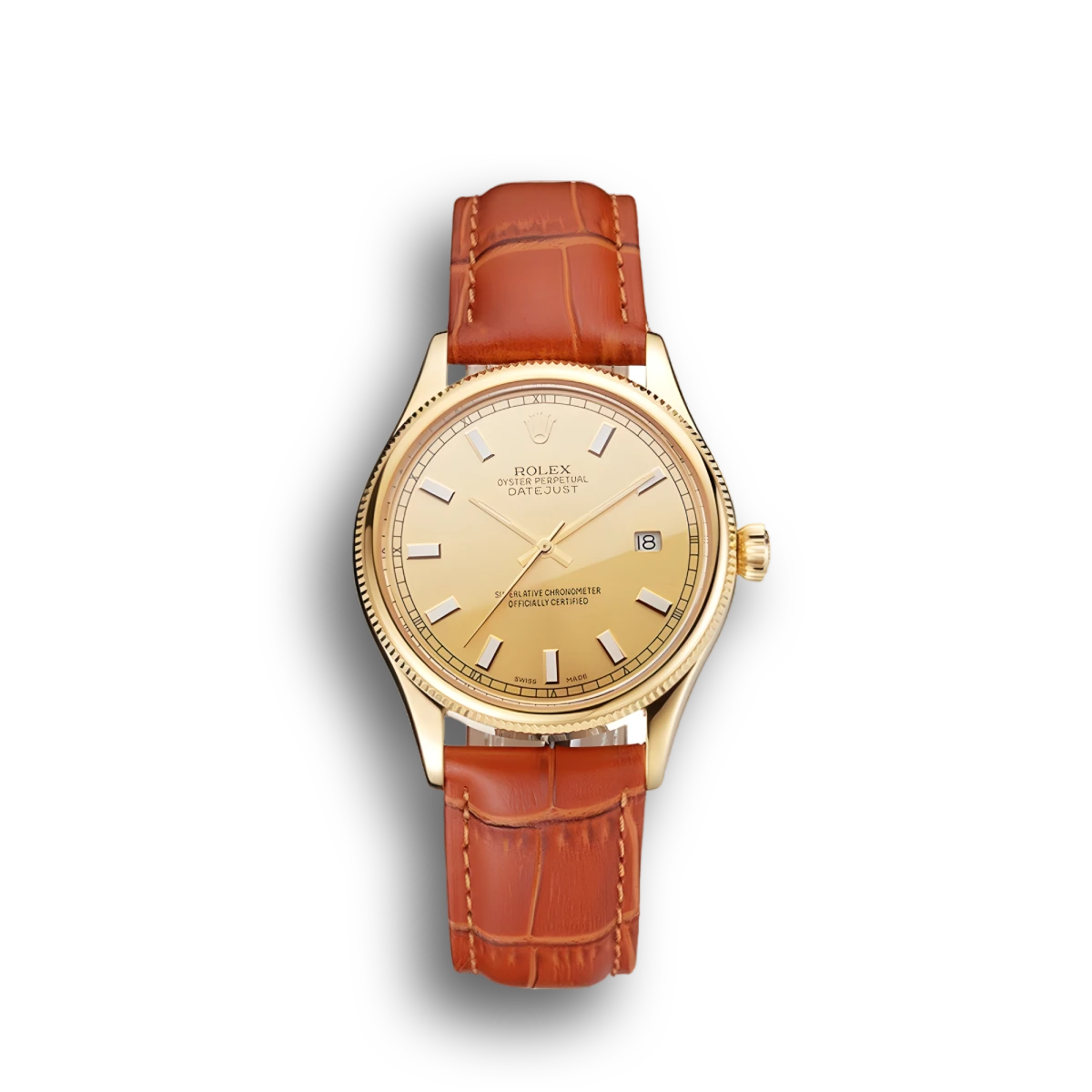 Super Clone Rolex Datejust Gold Dial Gold Case Light Brown Leather Strap