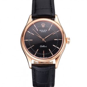 Super Clone Rolex Cellini Black Dial Rose Gold Markings Rose Gold Case Black Leather Strap - Image 11