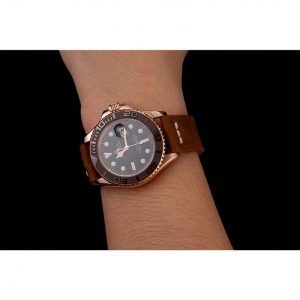 Rolex Yacht-Master Black Dial Brown Bezel Rose Gold Case Brown Leather Bracelet 1453860 - Imagen 9