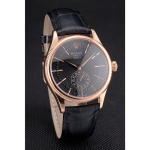 Super Clone Rolex Cellini Black Dial Rose Gold Case Black Leather Strap - Imagen 3