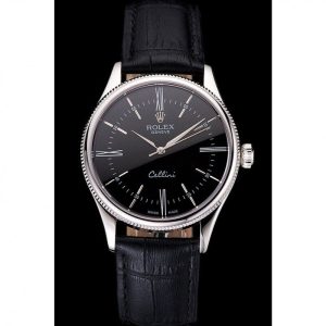 Vista alternativa de Super Clone Rolex Cellini Black Dial Roman Numerals Stainless Steel Case Black Leather Strap