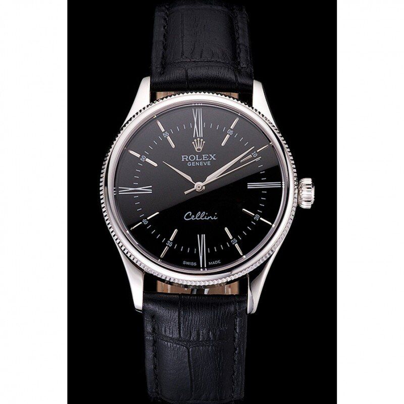 Super Clone Rolex Cellini Black Dial Roman Numerals Stainless Steel Case Black Leather Strap - Image 2