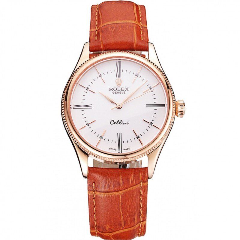 Super Clone Rolex Cellini White Dial Roman Numerals Rose Gold Case Light Brown Leather Strap - Imagen 11