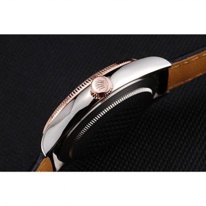 Rolex Cellini Blue Dial Gold Bezel Stainless Steel Case Black Leather Strap 622841 - Image 7