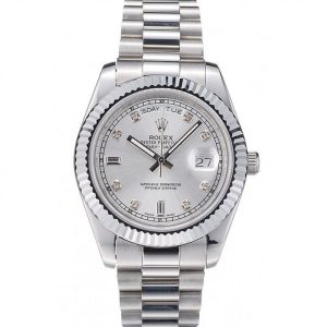 Super Clone Rolex DayDate Stainless Steel Ribbed Bezel Silver Dial 41995 - Image 12