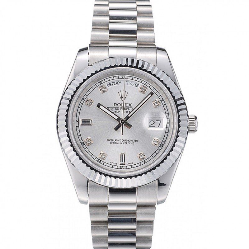 Super Clone Rolex DayDate Stainless Steel Ribbed Bezel Silver Dial 41995 - Image 12