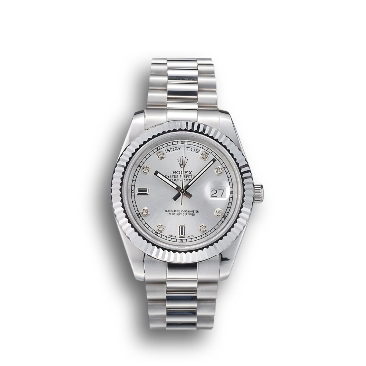 Super Clone Rolex DayDate Stainless Steel Ribbed Bezel Silver Dial 41995