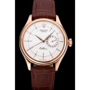 Rolex Cellini White Rose Dial Gold Case Brown Leather Bracelet 622725 - Image 2